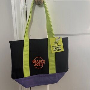 Trader Joe's Black and Purple Canvas Tote Bag small